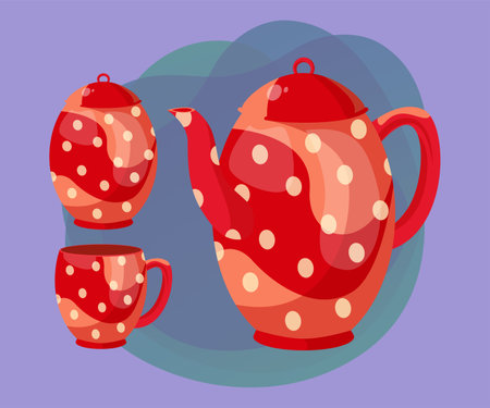 Red dotted ceramic teapot with cup vector illustrations set. Collection of cartoon drawings of pot and teacup on abstract background. Kitchenware, teatime, coziness conceptのイラスト素材