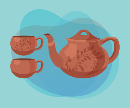 Brown ceramic teapot with teacups vector illustrations set. Collection of cartoon drawings of pot and cups with ornament on abstract background. Kitchenware, pottery, teatime conceptのイラスト素材