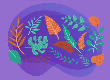 Green and orange tree leaves vector illustrations set. Cartoon drawings of leaves of plants, flowers on purple background. Nature, foliage, botany, flora, autumn or fall conceptのイラスト素材
