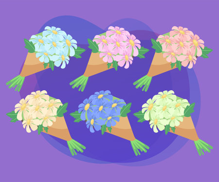 Beautiful flowers in paper wraps vector illustrations set. Cartoon drawings of colorful bouquets isolated on white background. Nature, beauty, spring, celebration conceptのイラスト素材