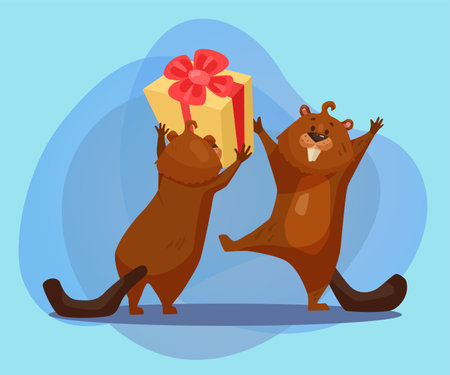 Beaver character giving gift box to friend vector illustration. Cartoon drawing of brown comic wild animal receiving present on abstract background. Wildlife, celebration, birthday, anniversary conceptのイラスト素材