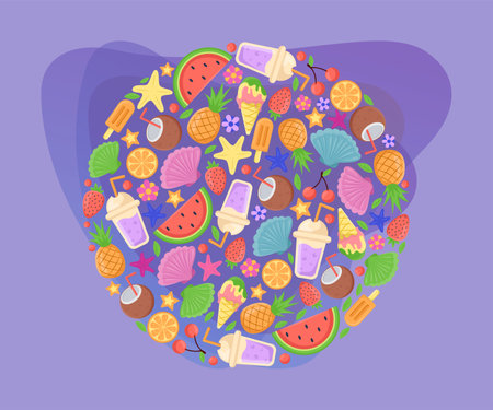 Round pattern with summer food elements vector illustrations set. Collection of cartoon drawings of watermelons, coconuts, drinks, pineapples, berries on purple background. Food, vacation conceptのイラスト素材