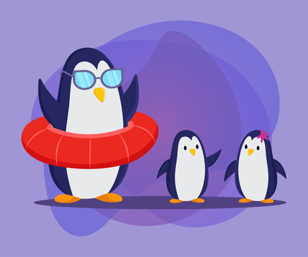 Comic penguin with sunglasses and lifebuoy vector illustration. Adult penguin cartoon character with kids on purple background. Wildlife, summer, family vacation conceptのイラスト素材