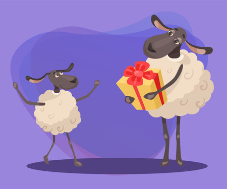 Comic mother sheep giving present to baby vector illustration. Cartoon drawing of little animal character getting gift on abstract background. Birthday, celebration, family, love conceptのイラスト素材