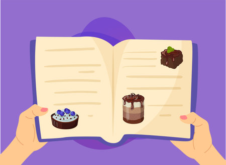 Hands holding recipe book with desserts vector illustration. Cartoon drawing of female hands and cookbook with sweet treats on purple background. Cooking, desserts, baking, food conceptのイラスト素材