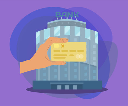 Hand holding credit card in front of bank vector illustration. Cartoon drawing of person with debit card and glass building with bank sign on purple background. Finances, banking conceptのイラスト素材