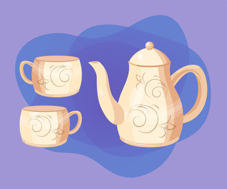 White porcelain teapot with teacups vector illustrations set. Collection of cartoon drawings of pot and cups with ornament on abstract background. Kitchenware, teatime, coziness conceptのイラスト素材