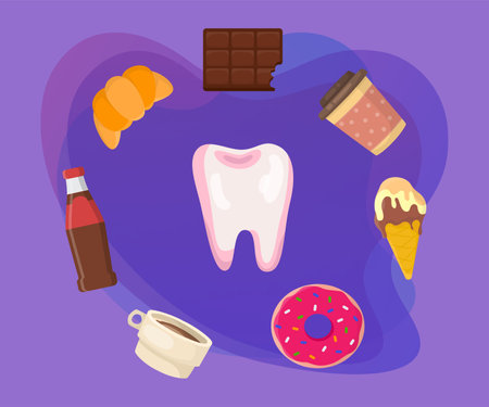 Desserts around healthy white tooth vector illustration. Collection of cartoon drawings of soda, croissant, chocolate bar, coffee and tooth on abstract background. Health, dentistry, protection conceptのイラスト素材