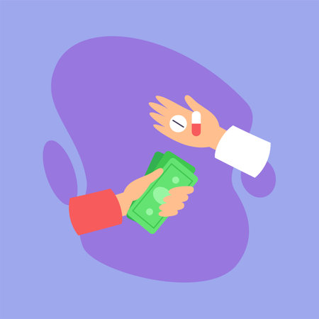 Person buying painkillers vector illustration. Top view of human hands with pills and money. Medicine, pharmacy and healthcare conceptのイラスト素材