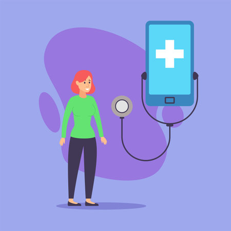 Woman using mobile app to get doctors consultation online vector illustration. Smartphone with stethoscope and female patient. Online doctor app, modern medicine and healthcare conceptのイラスト素材