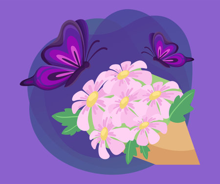 Purple butterflies flying towards bouquet vector illustration. Cartoon drawing of insects with wings above flowers on abstract background. Nature, spring, celebration conceptのイラスト素材