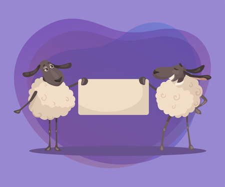 Two comic sheep holding empty banner vector illustration. Cartoon drawing of mammal characters with announcement on abstract background. Advertising, marketing, information, presentation conceptのイラスト素材