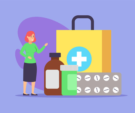 Woman receiving order from online drugstore vector illustration. Female cartoon character and huge package with pills and remedy. Medicine, modern technology conceptのイラスト素材