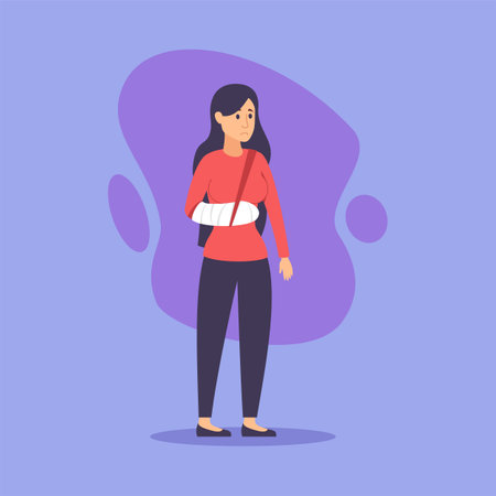 Sad woman with broken arm vector illustration. Female cartoon character having arm in plaster cast. Accident, medicine and healthcare conceptのイラスト素材
