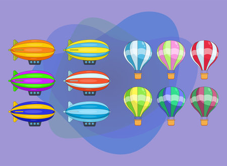 Hot air balloons and blimps vector illustrations set. Collection of cartoon drawings of different colorful air transports on abstract background. Aircraft, transportation, traveling conceptのイラスト素材