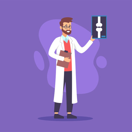 Doctor looking at patients X-ray image vector illustration. Male cartoon character in white coat studying medical records, working in hospital. Modern medicine, treatment and healthcare conceptのイラスト素材