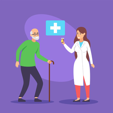 Nurse giving pills to old man with cane vector illustration. Female doctor in white coat with remedy and senior patient taking medicine. Medicine, occupation, treatment and healthcare conceptのイラスト素材