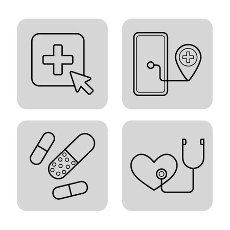 Collection of line icons of essential healthcare concepts, such as medical cross, smartphone with location pin, capsules, and stethoscopeのイラスト素材