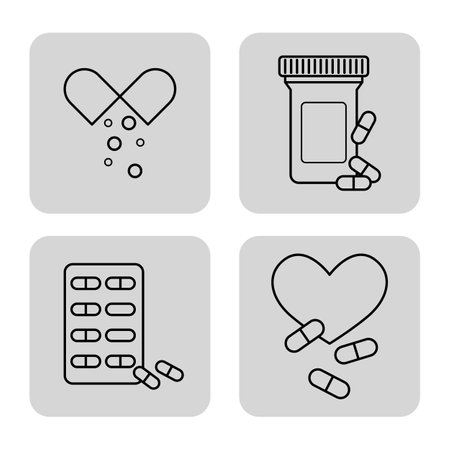 Collection of four line icons related to medication. Capsule with powder, pill bottle, blister pack, pills in heart design. Health and wellness conceptのイラスト素材