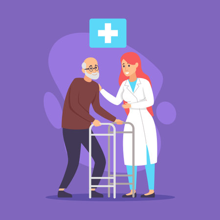Healthcare professional assisting elderly man using walker. Doctor, wearing white coat, offering guidance and support, creating a warm and caring environmentのイラスト素材