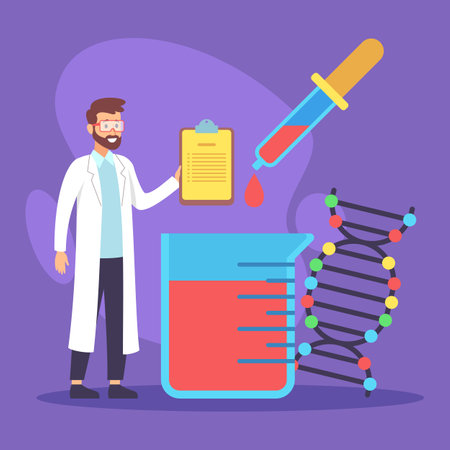 Scientist in lab coat holding clipboard while standing next to beaker filled with red liquid. Pipette dripping fluid into beaker, alongside DNA strand illustrationのイラスト素材