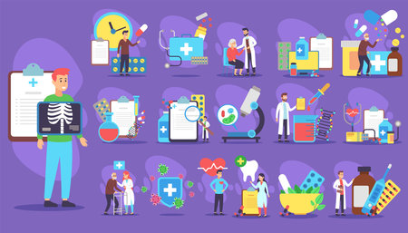 Set of healthcare professionals engaged in various activities, surrounded by essential medical elements of test tubes, charts. Patient receiving care in vibrant settingのイラスト素材