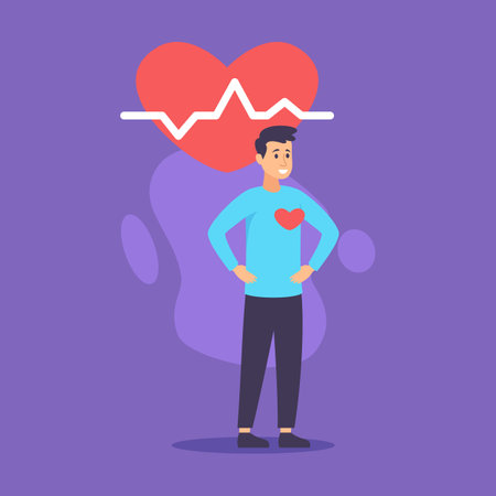 Young man standing confidently with hands on hips against purple background featuring heart and heartbeat line. Wellness and vitality conceptのイラスト素材