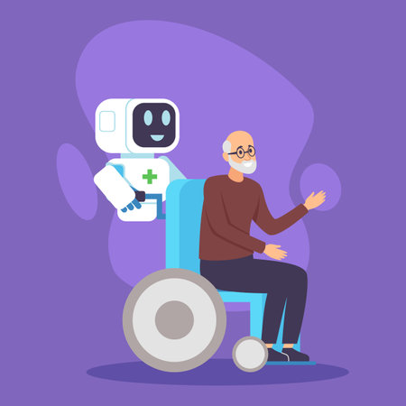 Elderly man with glasses sitting in wheelchair, smiling as friendly robot with medical symbol helping him. Modern technology in care giving conceptのイラスト素材