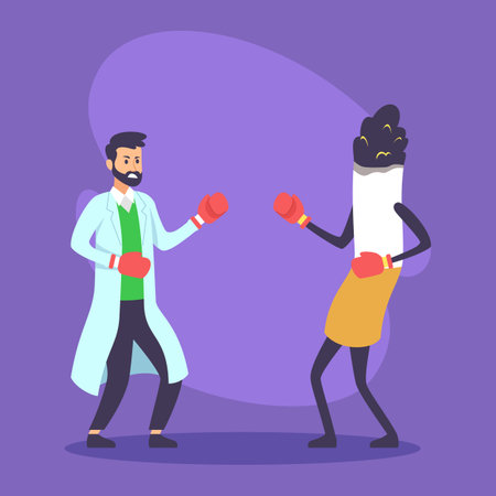Doctor in lab coat and boxing gloves facing off against cartoon cigarette wearing boxing gloves. Battle against smoking and health awareness conceptのイラスト素材