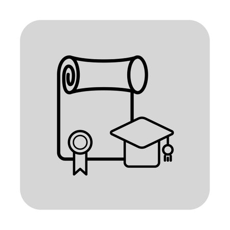Minimalistic line icon of rolled diploma and graduation cap. Educational achievement, success, and professional milestones related to learning conceptのイラスト素材