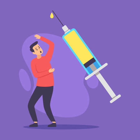 Man worried expression recoiling from large syringe filled with vaccine fluid. Fear of vaccination conceptのイラスト素材