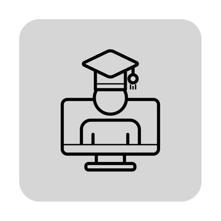 Icon of student wearing graduation cap in front of computer screen. Online education and learning platforms conceptのイラスト素材