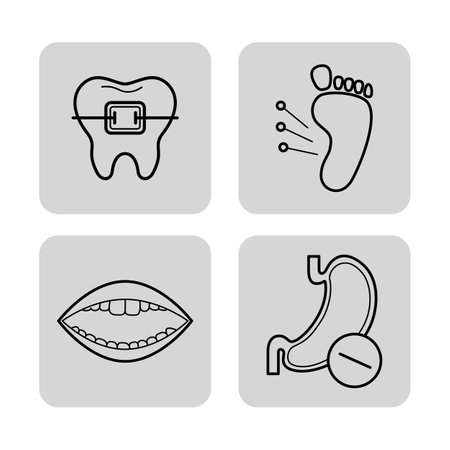 Collection of four medical icons representing dentistry, podiatry, and oral health. Importance of diverse medical fields for healthcare conceptのイラスト素材