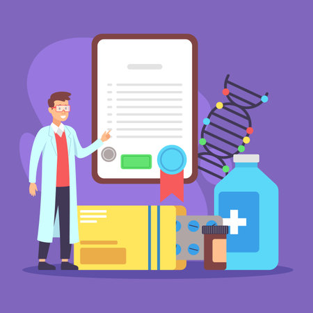 Healthcare professional discussing prescription and various medication bottles certificate besides. Importance of medicine in patient care conceptのイラスト素材
