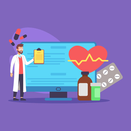 Healthcare worker in lab coat standing next to computer displaying health data. Various medicine bottles, pills, and heartbeat line symbolizing medical careのイラスト素材