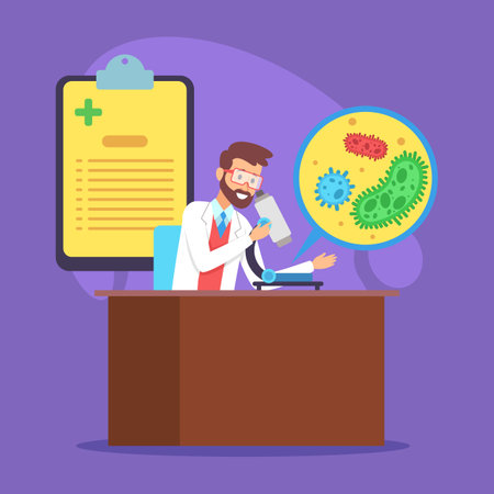 Healthcare professional in white coat analyzing microbes with microscope. Clipped paperwork on board in backgroundのイラスト素材