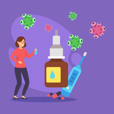 Woman holding bottle of medicine while showing awareness of germs. Health tools and viruses are depicted to emphasize health educationのイラスト素材