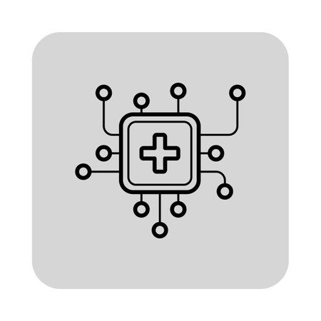 Simple icon of health technology. Central plus sign connected to nodes, symbolizing network of health-related data and innovationのイラスト素材