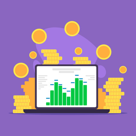 Laptop with financial charts against purple background, surrounded by stacks of gold coins. Investment or finance conceptのイラスト素材