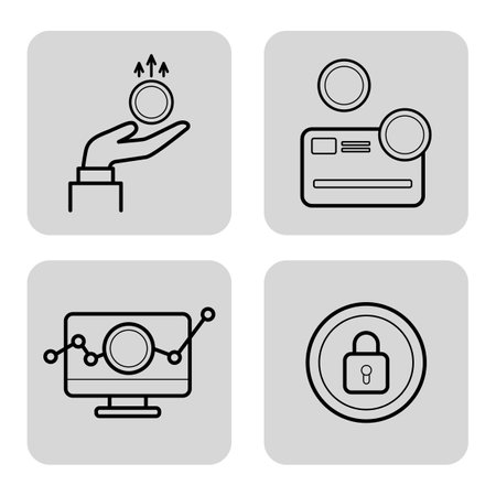 Collection of four minimalist icons representing financial concepts including currency exchange, credit cards, market trends, and data securityのイラスト素材