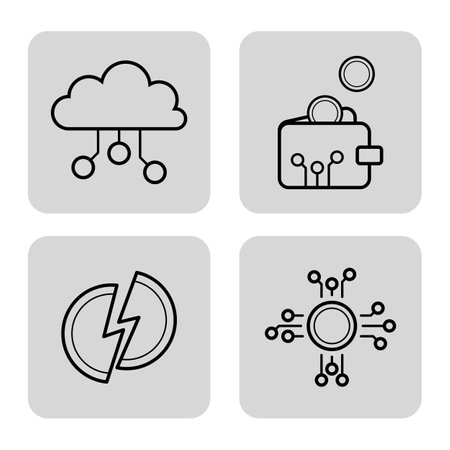 Set of four line icons representing finance and technology. Cloud symbol, wallet with circuit patterns, broken coin, and network designのイラスト素材