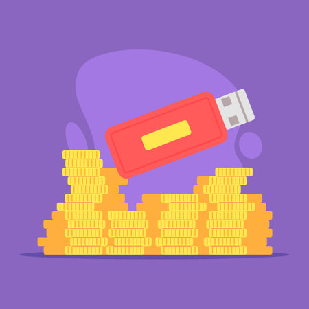 USB drive hovering above stack of gold coins. Connection between technology and finance conceptのイラスト素材