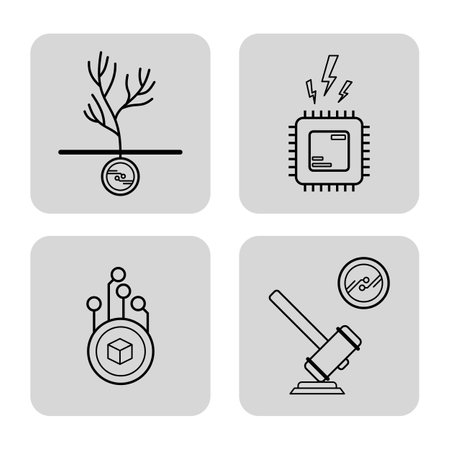 Collection of four line icons related to cryptocurrency, including themes of technology, networking, and financial innovationのイラスト素材