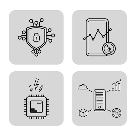 Collection of various cryptocurrency-related icons, including security symbols, mobile analytics, data processing, and monitoring systems. Modern technology in finance conceptのイラスト素材