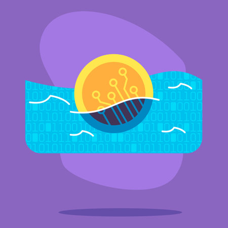Digital coin emerging above abstract waves with binary code, representing innovative nature of cryptocurrency. Technology and data exchange conceptのイラスト素材