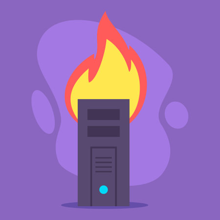 Computer tower engulfed in flames against purple background. Extreme energy consumption in cryptocurrency mining conceptのイラスト素材