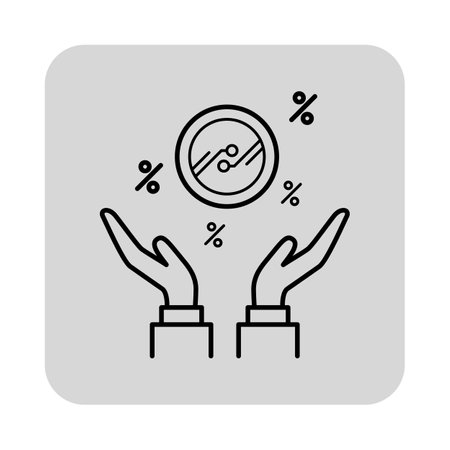 Two hands holding circular icon representing cryptocurrency, surrounded by symbols indicating percentages. Growth and investment potential conceptのイラスト素材