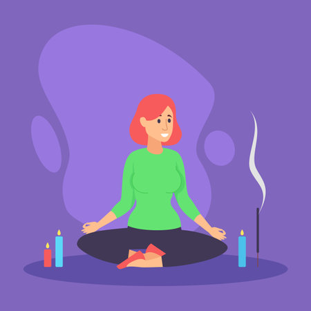 Woman sitting cross-legged on floor, surrounded by colorful candles and incense. She enjoying the moment of peaceful meditation. Health and inner calm conceptのイラスト素材