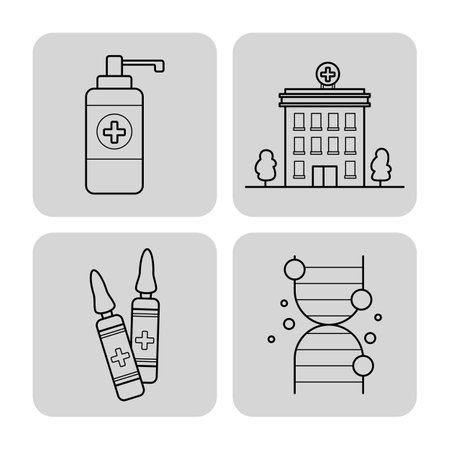 Collection of essential health icons including medicine bottle, hospital building, syringes, and DNA strandのイラスト素材