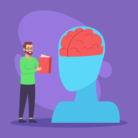 Person standing with book near large representation of human head filled with brain. Link between health and mental wellness conceptのイラスト素材